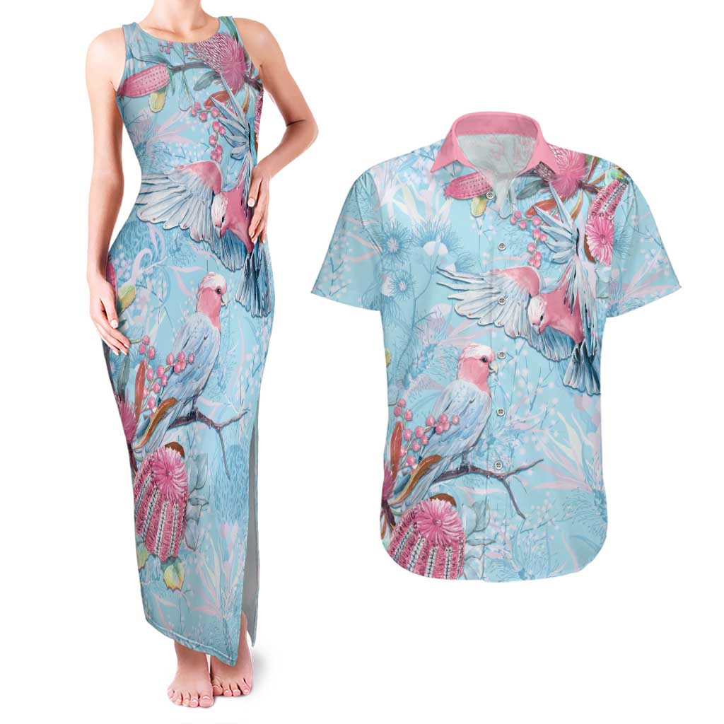 Galah Birds Australia Baby Blue & Pink Couples Matching Tank Maxi Dress and Hawaiian Shirt - Aussie Hoodie