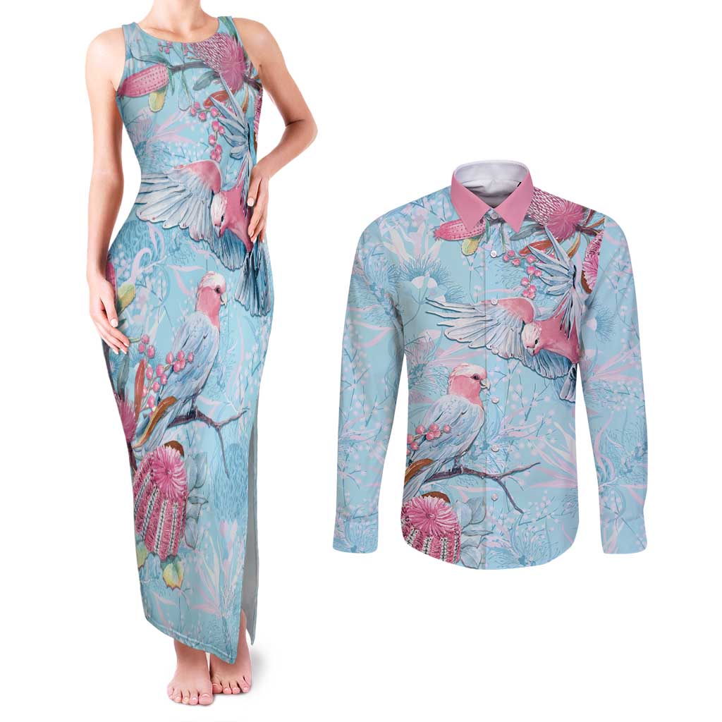 Galah Birds Australia Baby Blue & Pink Couples Matching Tank Maxi Dress and Long Sleeve Button Shirt - Aussie Hoodie