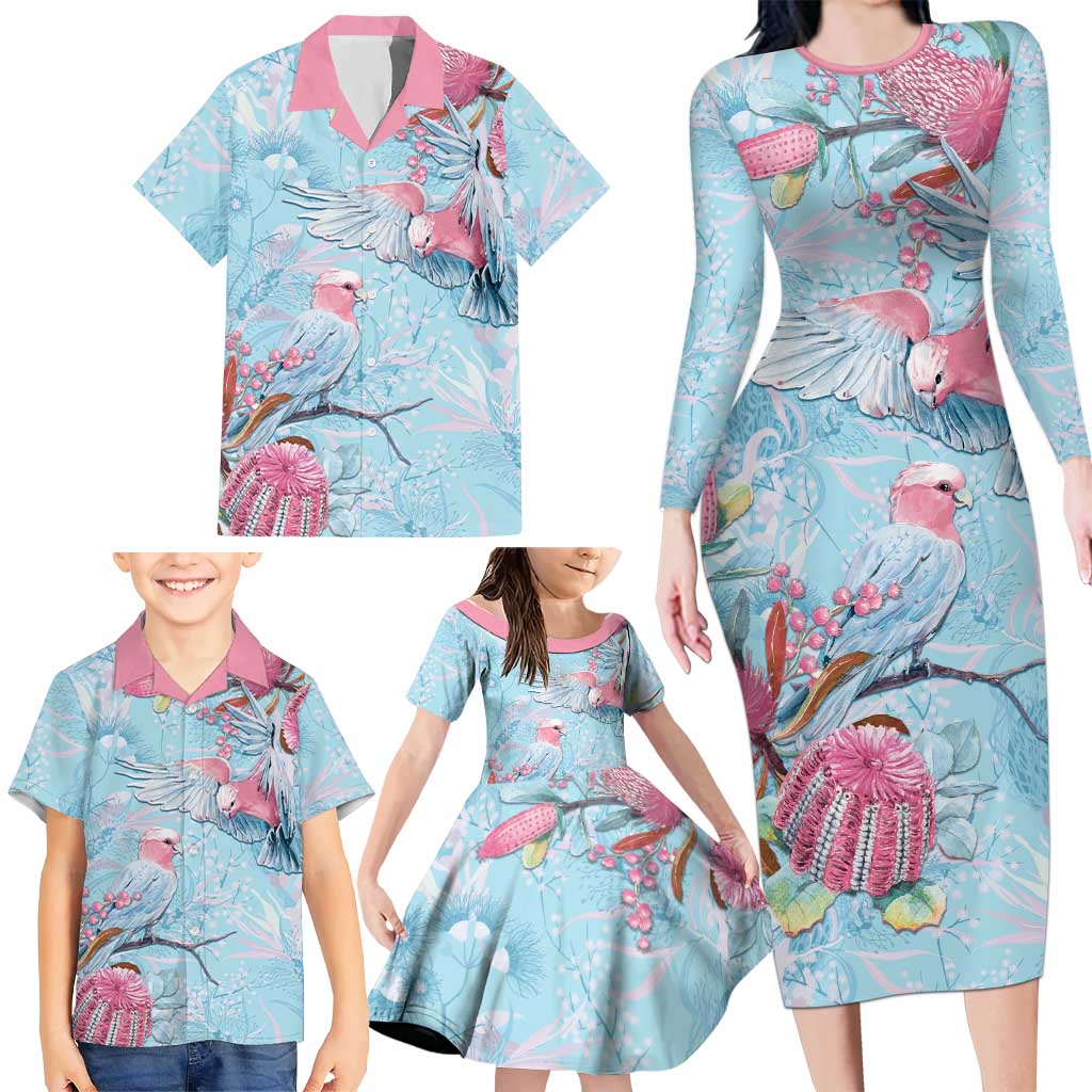 Galah Birds Australia Baby Blue & Pink Family Matching Long Sleeve Bodycon Dress and Hawaiian Shirt - Aussie Hoodie