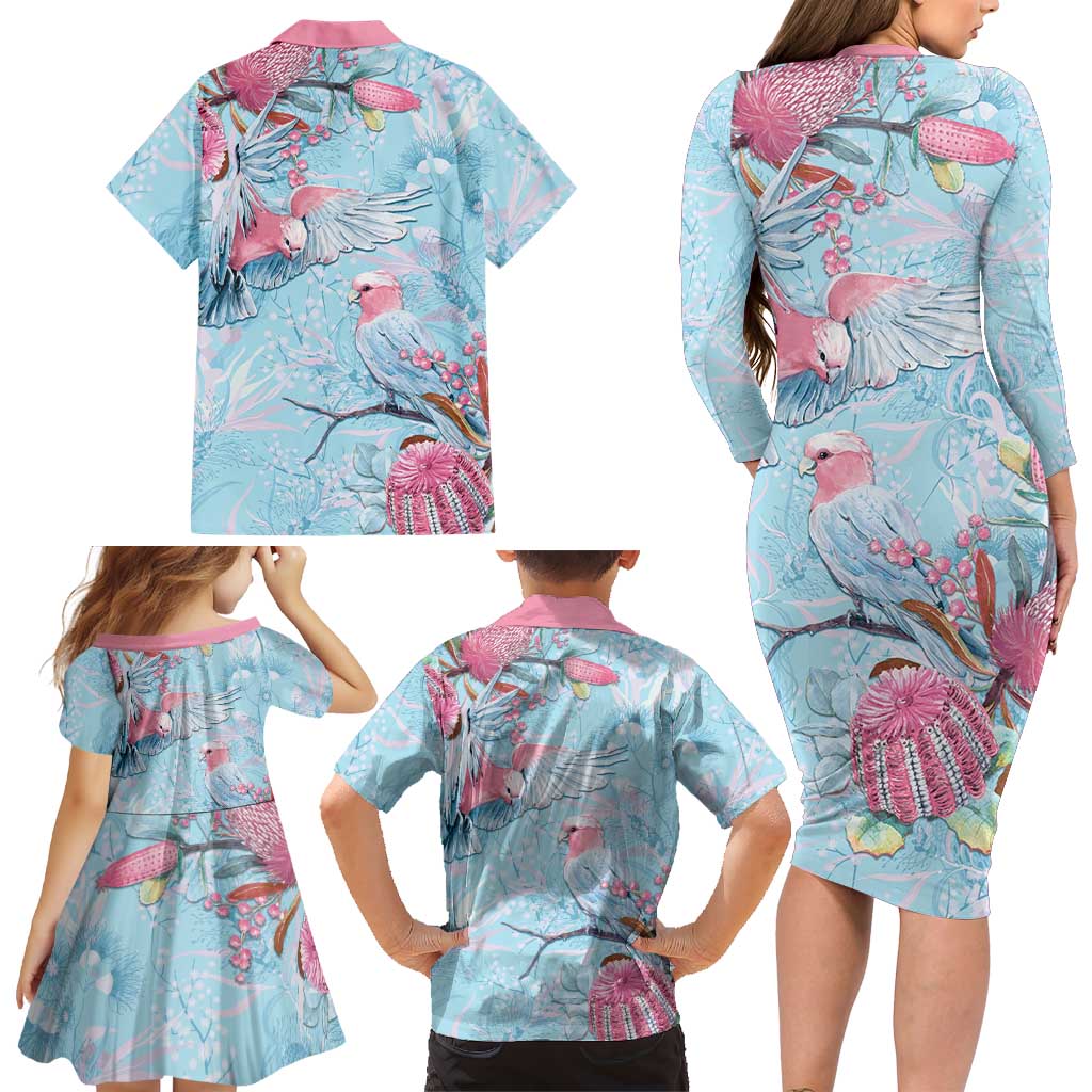 Galah Birds Australia Baby Blue & Pink Family Matching Long Sleeve Bodycon Dress and Hawaiian Shirt - Aussie Hoodie