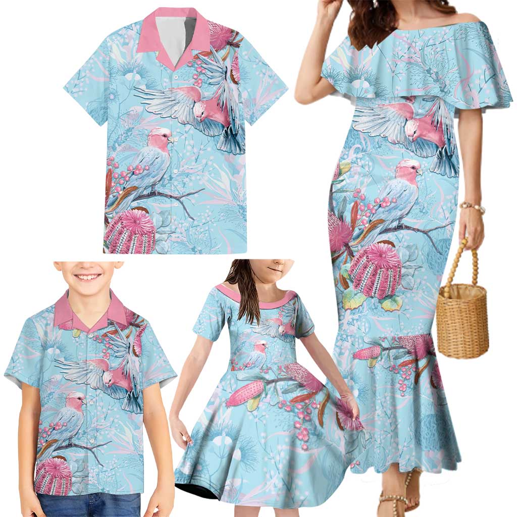 Galah Birds Australia Baby Blue & Pink Family Matching Mermaid Dress and Hawaiian Shirt - Aussie Hoodie