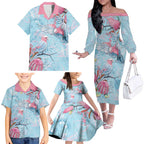 Galah Birds Australia Baby Blue & Pink Family Matching Off The Shoulder Long Sleeve Dress and Hawaiian Shirt - Aussie Hoodie
