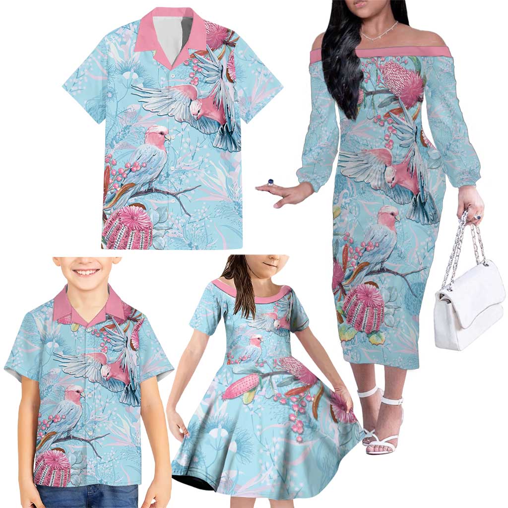 Galah Birds Australia Baby Blue & Pink Family Matching Off The Shoulder Long Sleeve Dress and Hawaiian Shirt - Aussie Hoodie