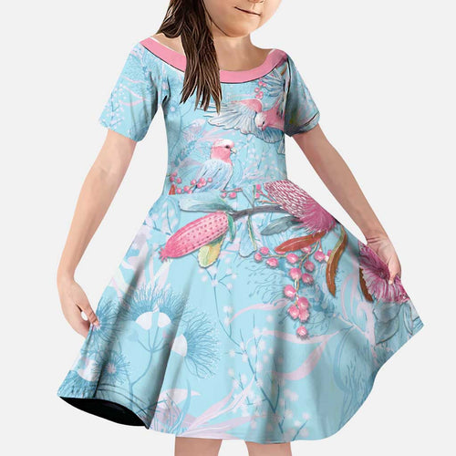 Galah Birds Australia Baby Blue & Pink Family Matching Off The Shoulder Long Sleeve Dress and Hawaiian Shirt - Aussie Hoodie