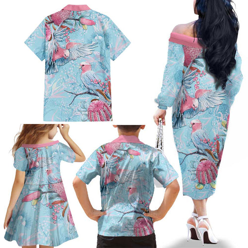 Galah Birds Australia Baby Blue & Pink Family Matching Off The Shoulder Long Sleeve Dress and Hawaiian Shirt - Aussie Hoodie