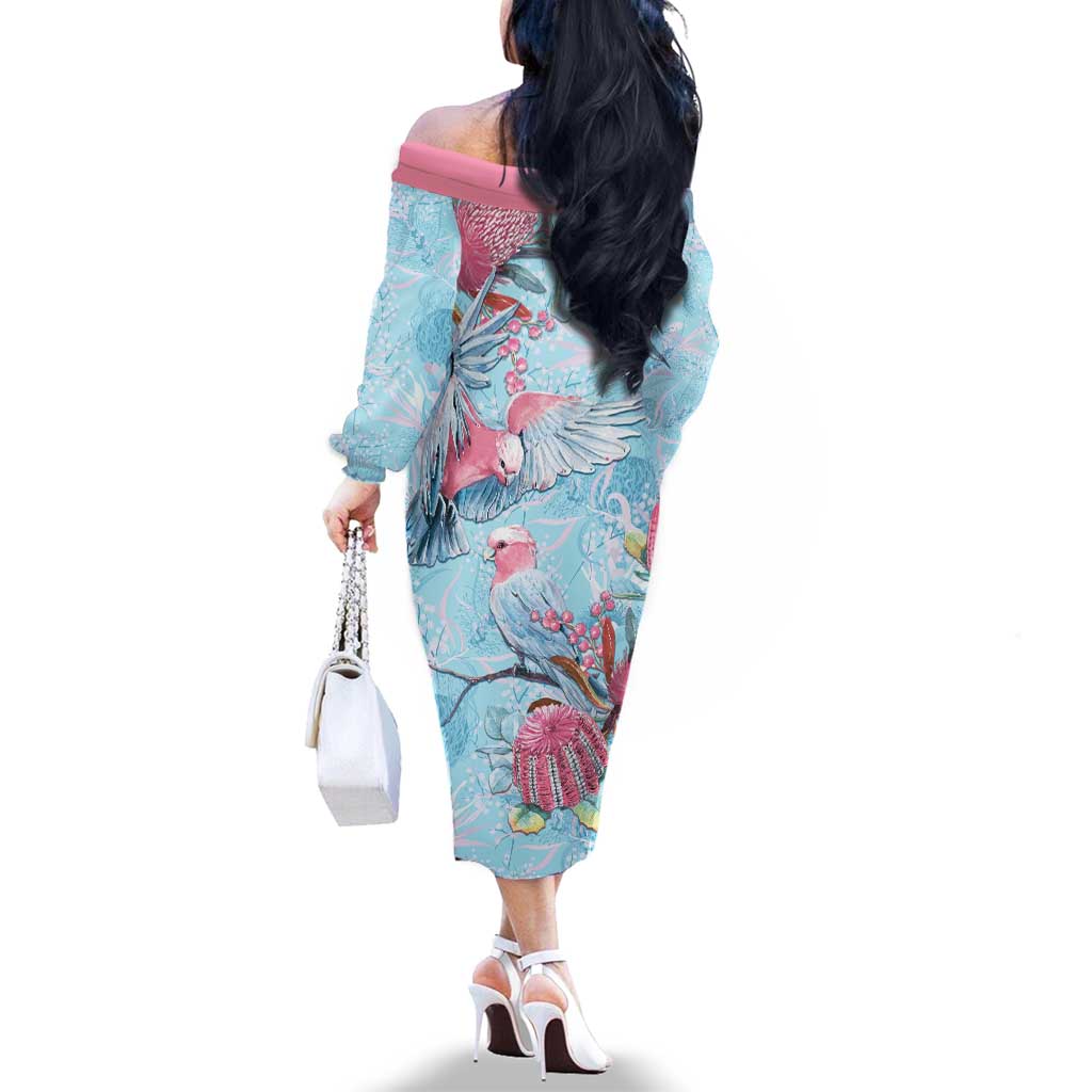 Galah Birds Australia Baby Blue & Pink Family Matching Off The Shoulder Long Sleeve Dress and Hawaiian Shirt - Aussie Hoodie
