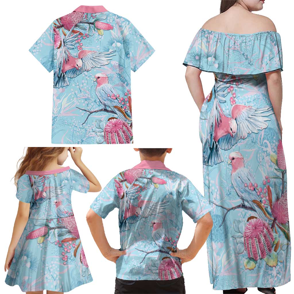 Galah Birds Australia Baby Blue & Pink Family Matching Off Shoulder Maxi Dress and Hawaiian Shirt - Aussie Hoodie