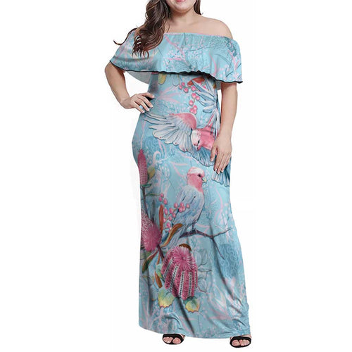 Galah Birds Australia Baby Blue & Pink Family Matching Off Shoulder Maxi Dress and Hawaiian Shirt - Aussie Hoodie