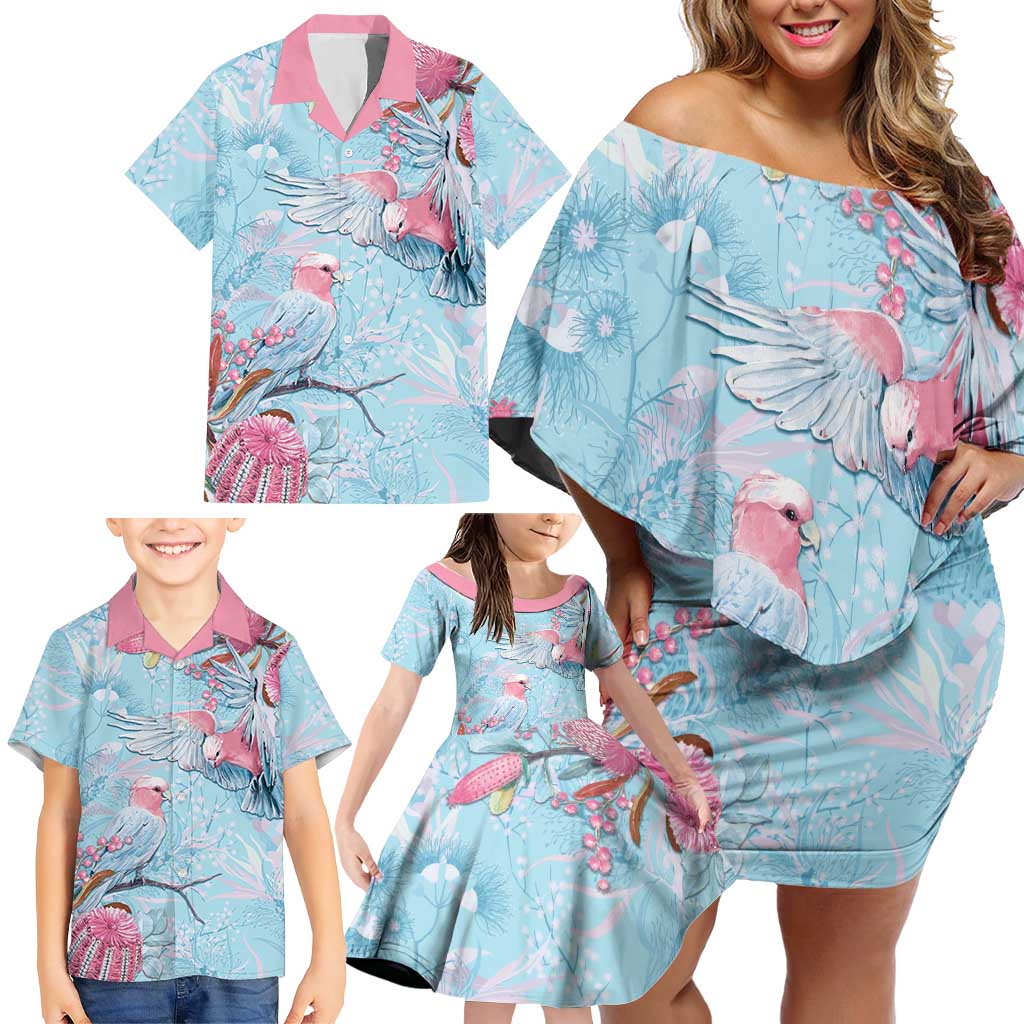 Galah Birds Australia Baby Blue & Pink Family Matching Off Shoulder Short Dress and Hawaiian Shirt - Aussie Hoodie