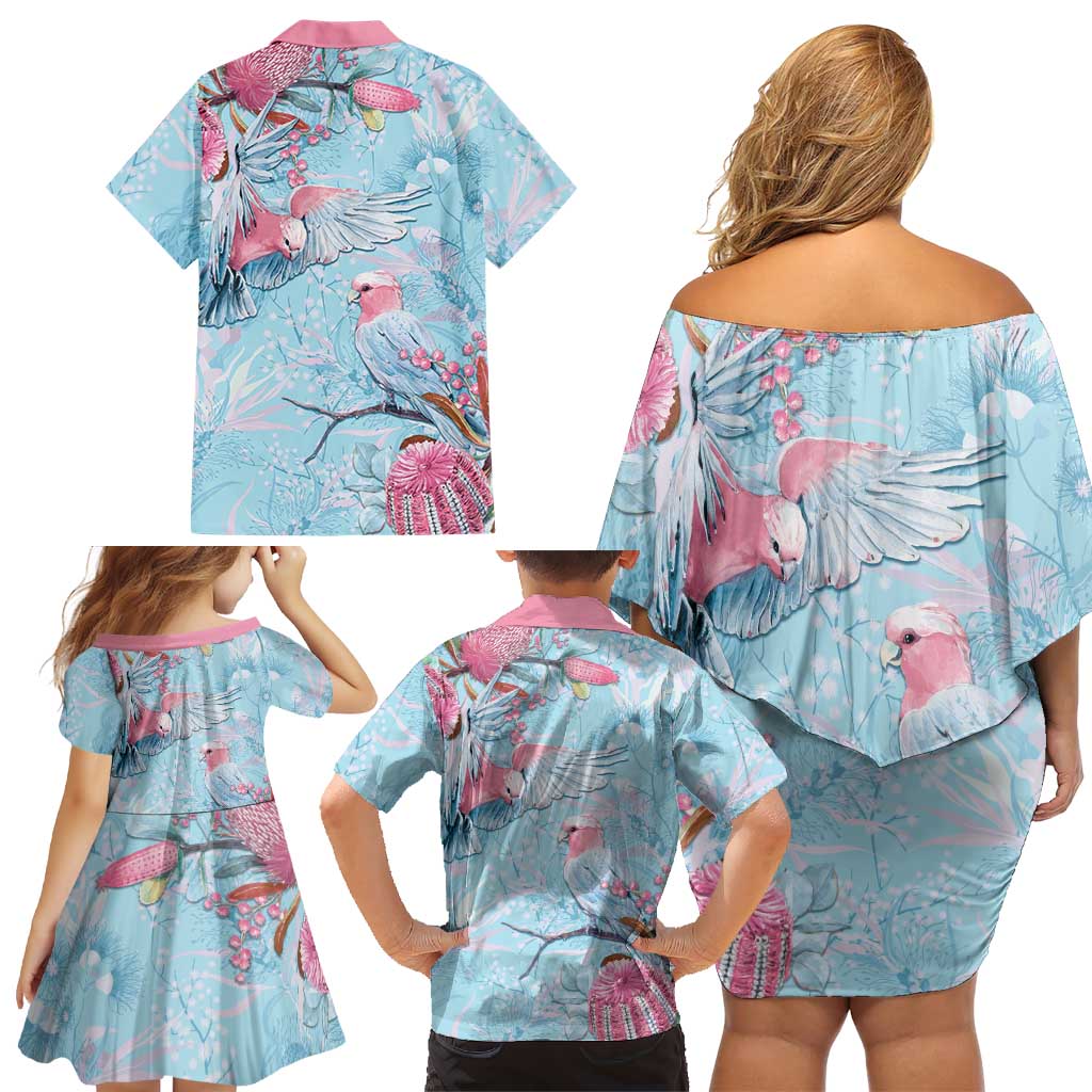Galah Birds Australia Baby Blue & Pink Family Matching Off Shoulder Short Dress and Hawaiian Shirt - Aussie Hoodie