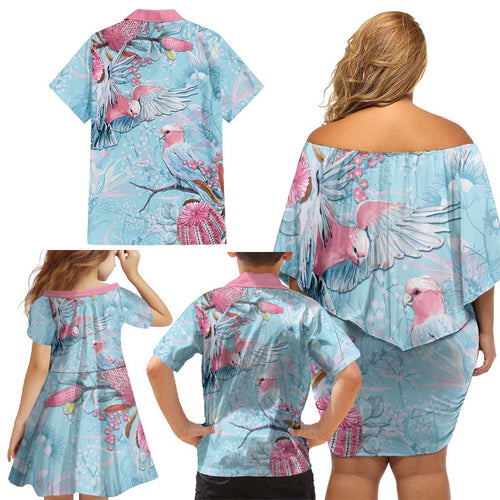 Galah Birds Australia Baby Blue & Pink Family Matching Off Shoulder Short Dress and Hawaiian Shirt - Aussie Hoodie
