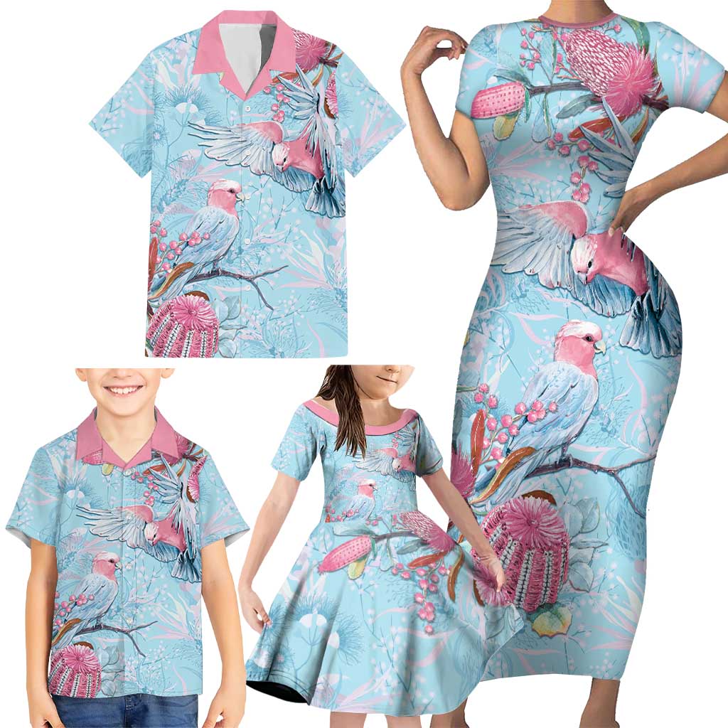 Galah Birds Australia Baby Blue & Pink Family Matching Short Sleeve Bodycon Dress and Hawaiian Shirt - Aussie Hoodie
