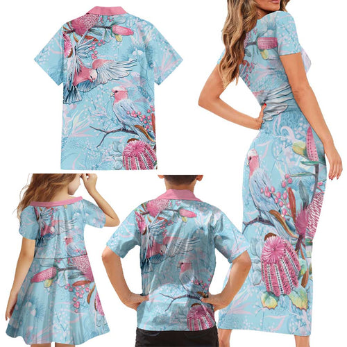 Galah Birds Australia Baby Blue & Pink Family Matching Short Sleeve Bodycon Dress and Hawaiian Shirt - Aussie Hoodie