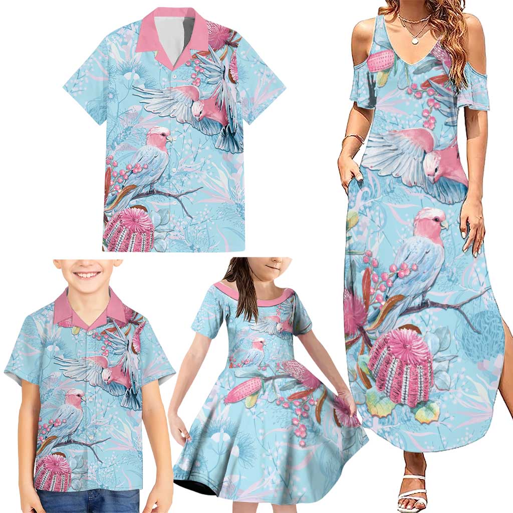 Galah Birds Australia Baby Blue & Pink Family Matching Summer Maxi Dress and Hawaiian Shirt - Aussie Hoodie