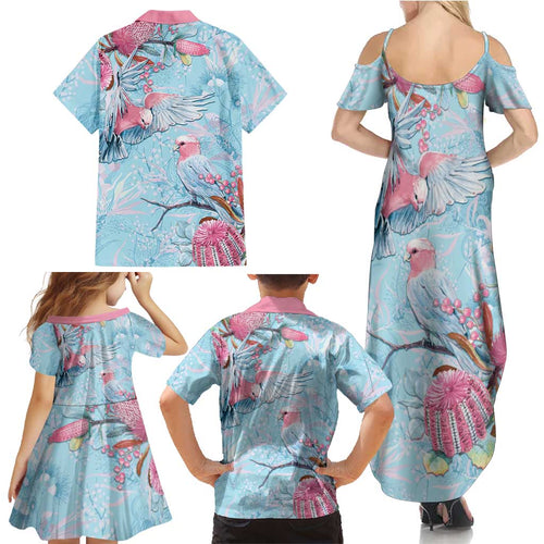 Galah Birds Australia Baby Blue & Pink Family Matching Summer Maxi Dress and Hawaiian Shirt - Aussie Hoodie