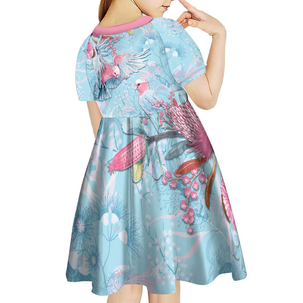Galah Birds Australia Baby Blue & Pink Kid Short Sleeve Dress - Aussie Hoodie