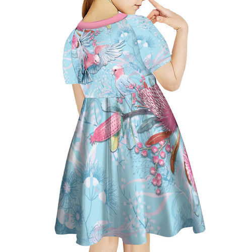 Galah Birds Australia Baby Blue & Pink Kid Short Sleeve Dress - Aussie Hoodie