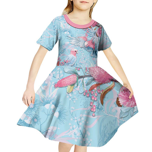 Galah Birds Australia Baby Blue & Pink Kid Short Sleeve Dress - Aussie Hoodie