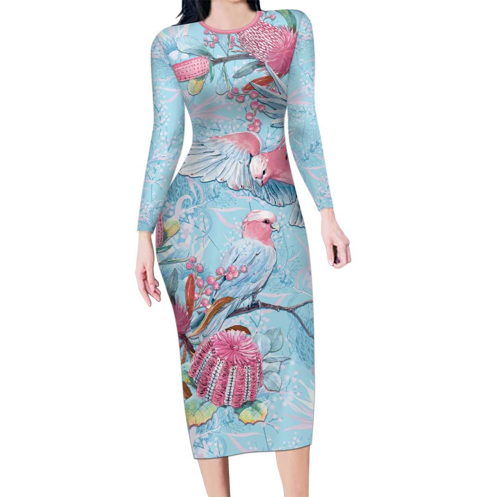 Galah Birds Australia Baby Blue & Pink Long Sleeve Bodycon Dress - Aussie Hoodie