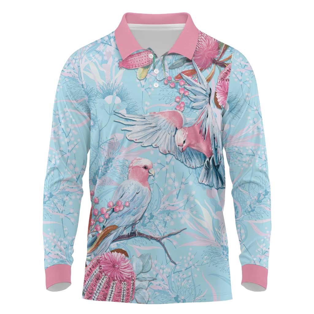 Galah Birds Australia Baby Blue & Pink Long Sleeve Polo Shirt - Aussie Hoodie