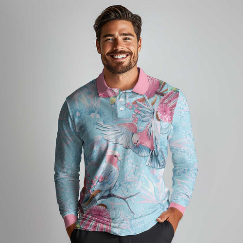 Galah Birds Australia Baby Blue & Pink Long Sleeve Polo Shirt - Aussie Hoodie