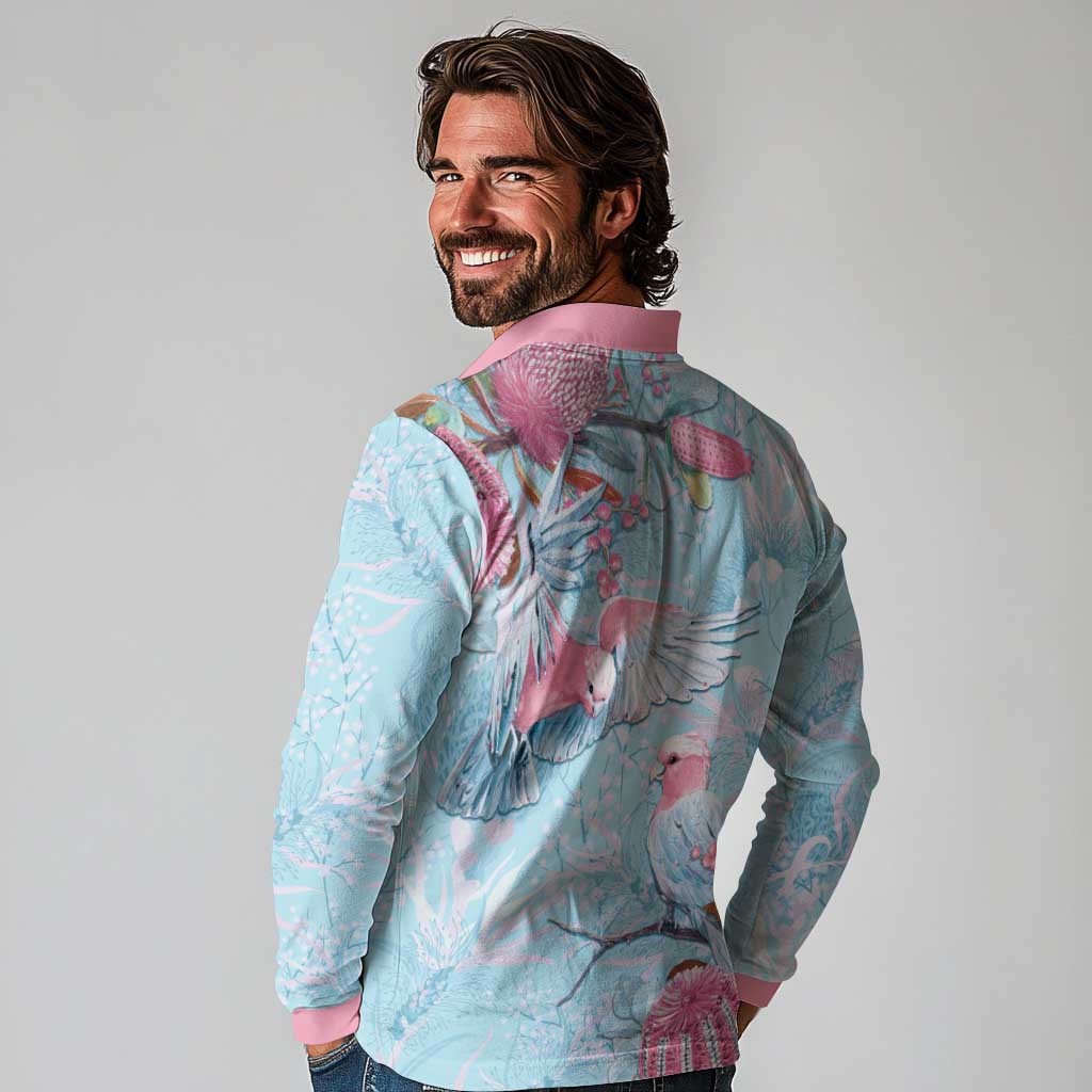 Galah Birds Australia Baby Blue & Pink Long Sleeve Polo Shirt - Aussie Hoodie