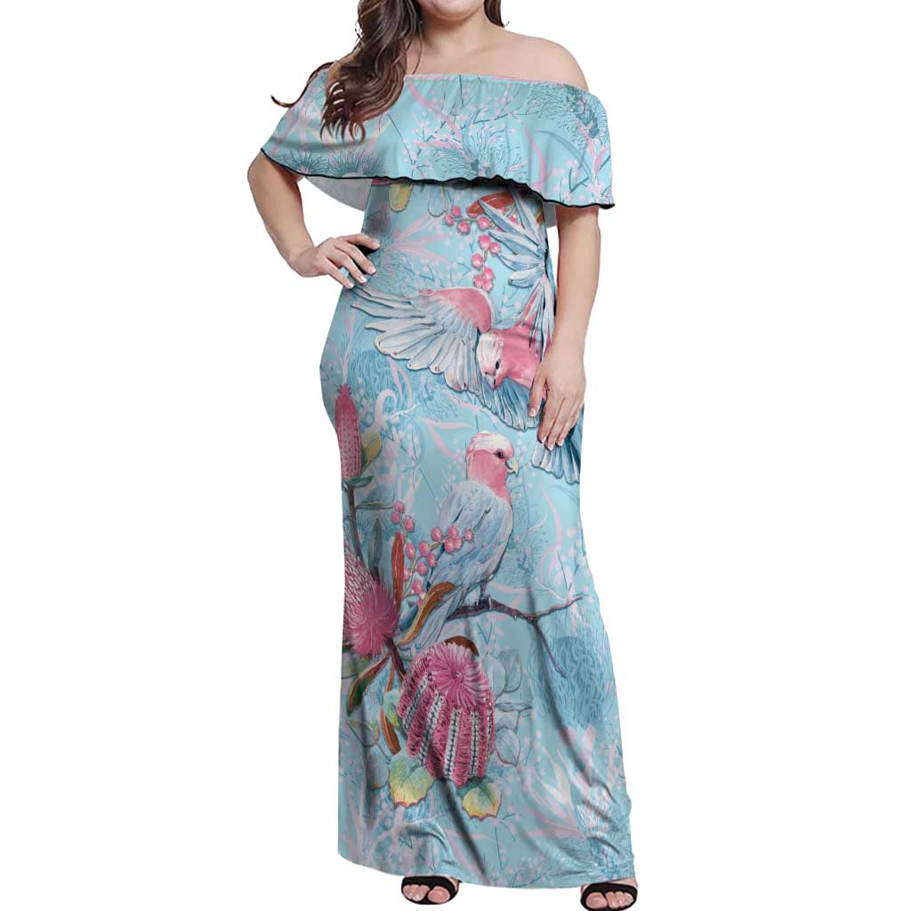 Galah Birds Australia Baby Blue & Pink Off Shoulder Maxi Dress - Aussie Hoodie