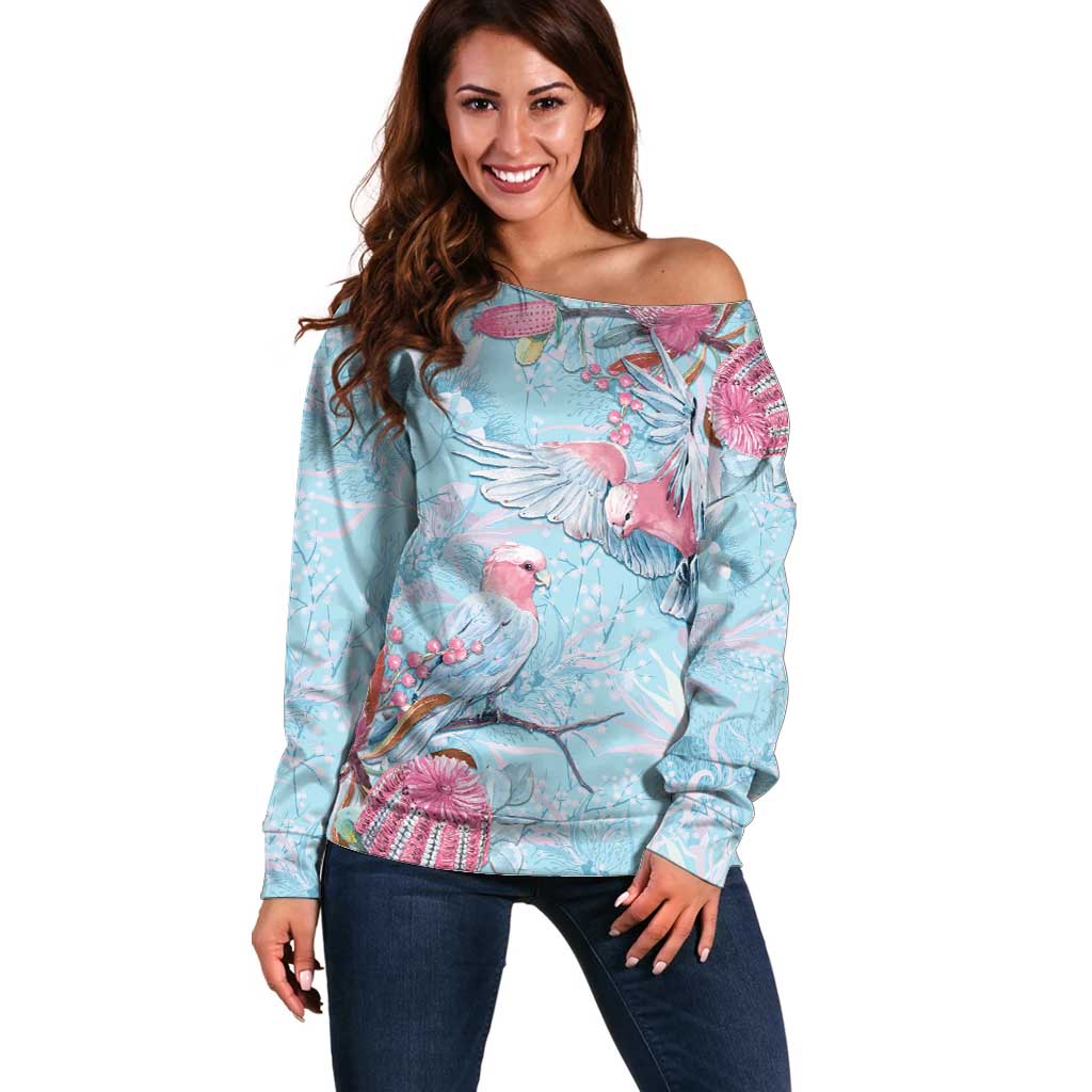 Galah Birds Australia Baby Blue & Pink Off Shoulder Sweater - Aussie Hoodie