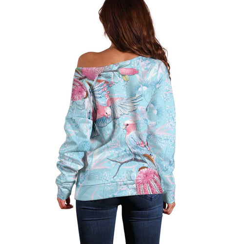 Galah Birds Australia Baby Blue & Pink Off Shoulder Sweater - Aussie Hoodie