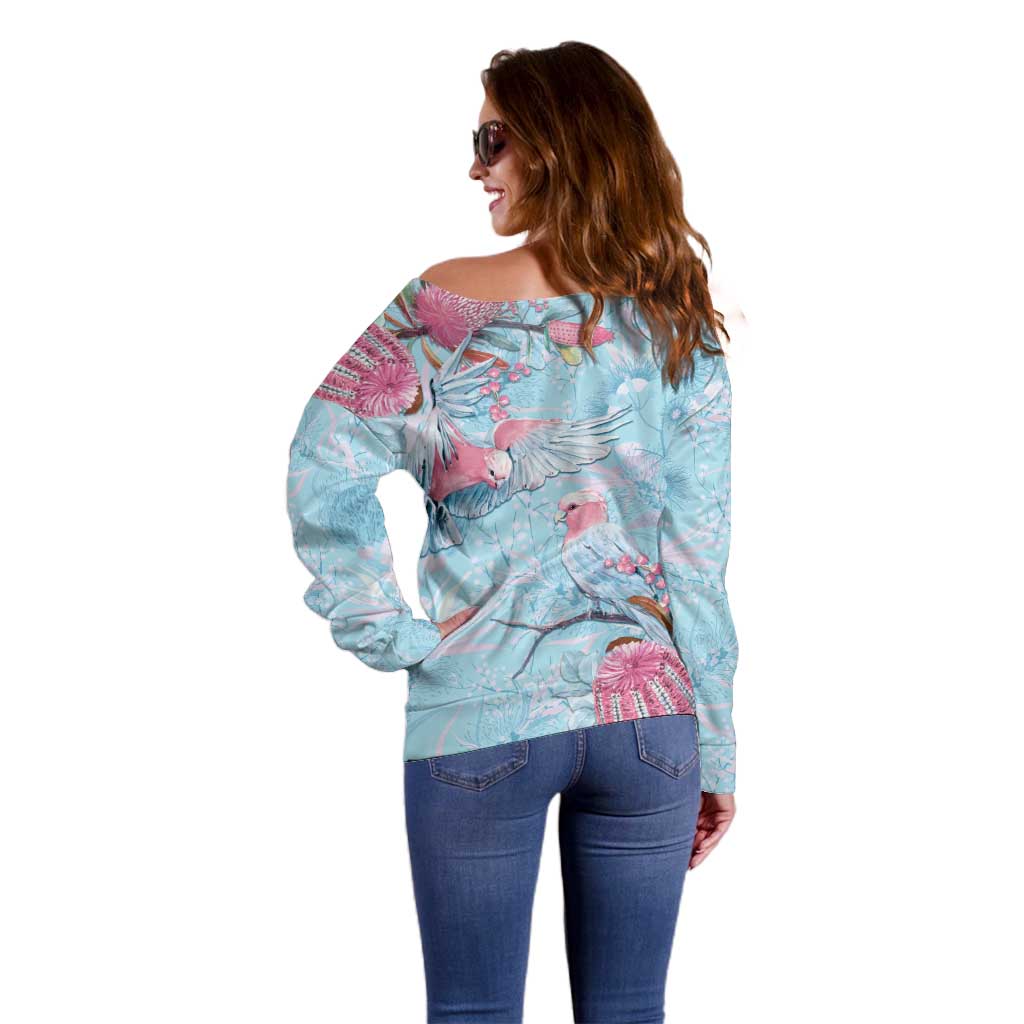 Galah Birds Australia Baby Blue & Pink Off Shoulder Sweater - Aussie Hoodie