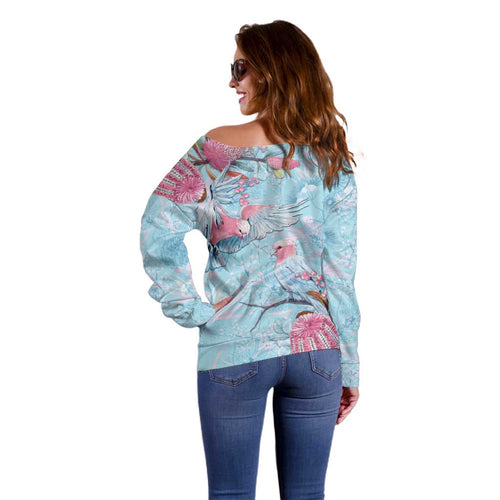 Galah Birds Australia Baby Blue & Pink Off Shoulder Sweater - Aussie Hoodie