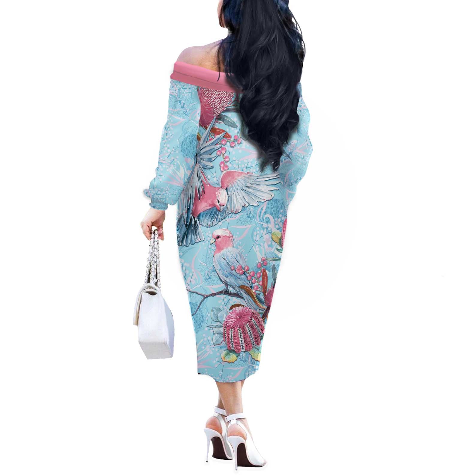 Galah Birds Australia Baby Blue & Pink Off The Shoulder Long Sleeve Dress - Aussie Hoodie
