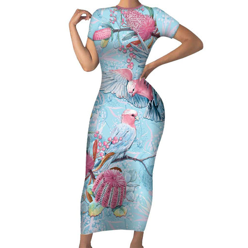 Galah Birds Australia Baby Blue & Pink Short Sleeve Bodycon Dress - Aussie Hoodie