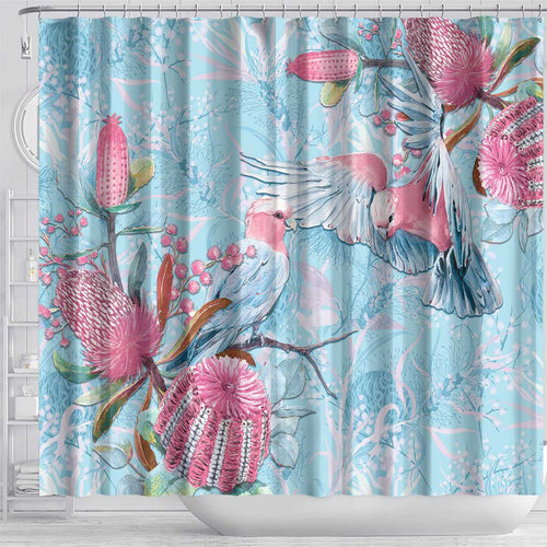 Galah Birds Australia Baby Blue & Pink Shower Curtain - Aussie Hoodie