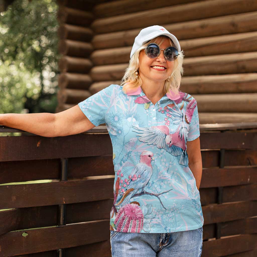 Galah Birds Australia Baby Blue & Pink Women Polo Shirt - Aussie Hoodie