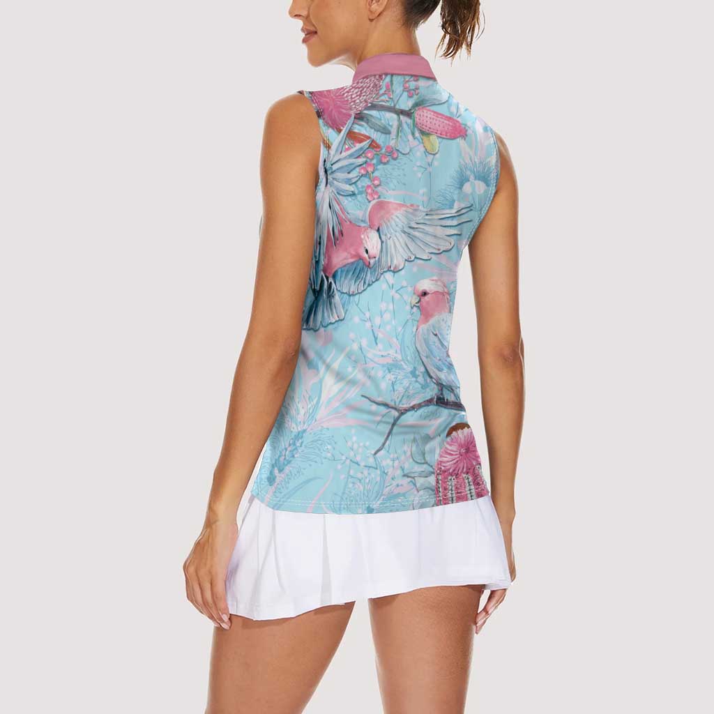 Galah Birds Australia Baby Blue & Pink Women Sleeveless Polo Shirt - Aussie Hoodie
