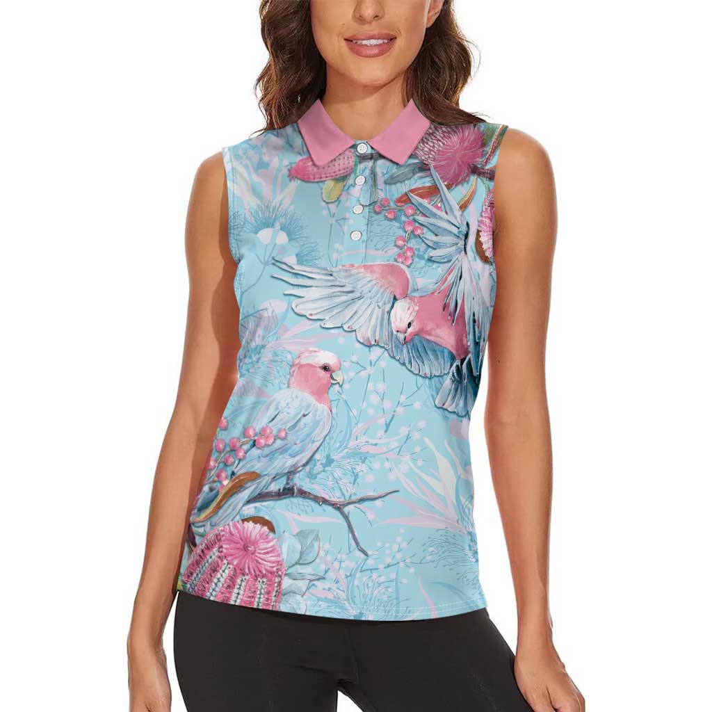 Galah Birds Australia Baby Blue & Pink Women Sleeveless Polo Shirt - Aussie Hoodie