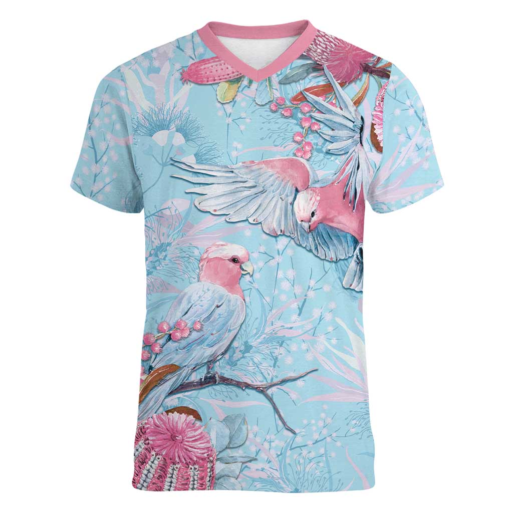 Galah Birds Australia Baby Blue & Pink Women V-Neck T-Shirt - Aussie Hoodie