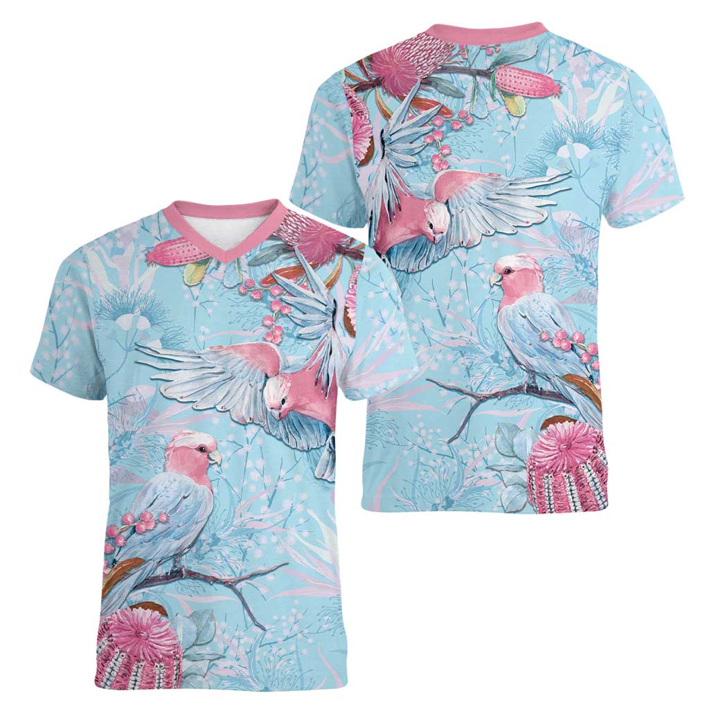 Galah Birds Australia Baby Blue & Pink Women V-Neck T-Shirt - Aussie Hoodie