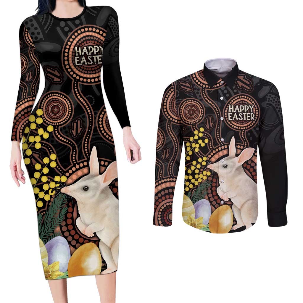 Australia Easter Indigenous Personalized Couples Matching Long Sleeve Bodycon Dress and Long Sleeve Button Shirt Cute Easter Bilby