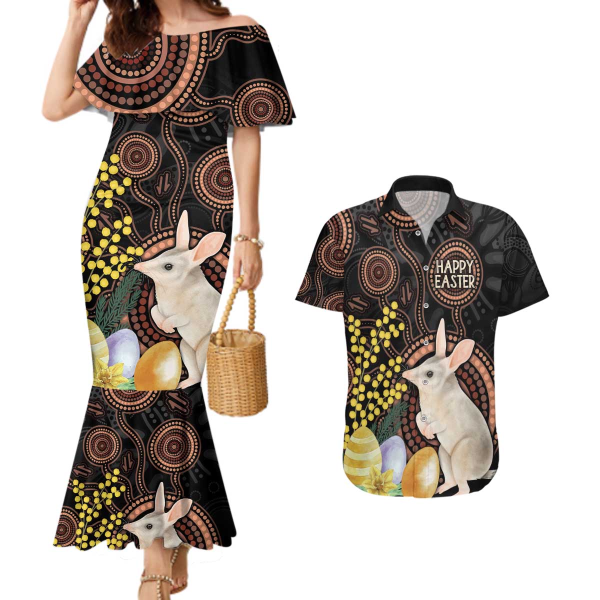Australia Easter Indigenous Personalized Couples Matching Mermaid Dress and Hawaiian Shirt Cute Easter Bilby