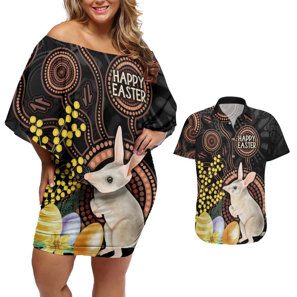 Australia Easter Indigenous Personalized Couples Matching Off Shoulder Short Dress and Hawaiian Shirt Cute Easter Bilby