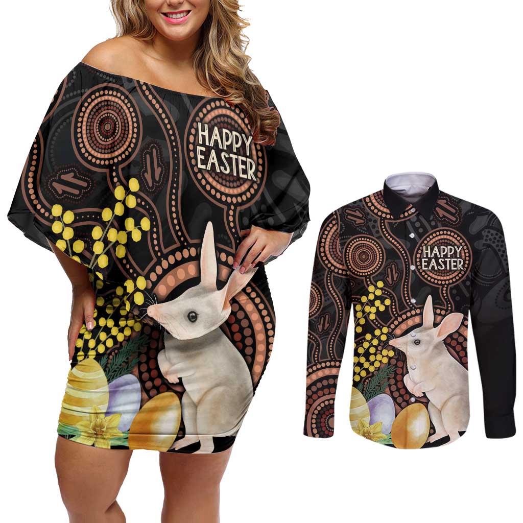 Australia Easter Indigenous Personalized Couples Matching Off Shoulder Short Dress and Long Sleeve Button Shirt Cute Easter Bilby