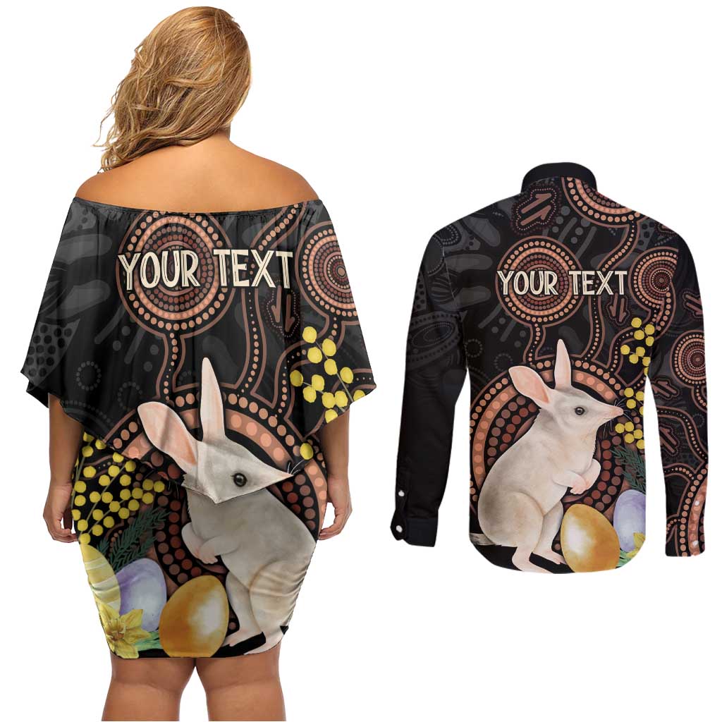 Australia Easter Indigenous Personalized Couples Matching Off Shoulder Short Dress and Long Sleeve Button Shirt Cute Easter Bilby