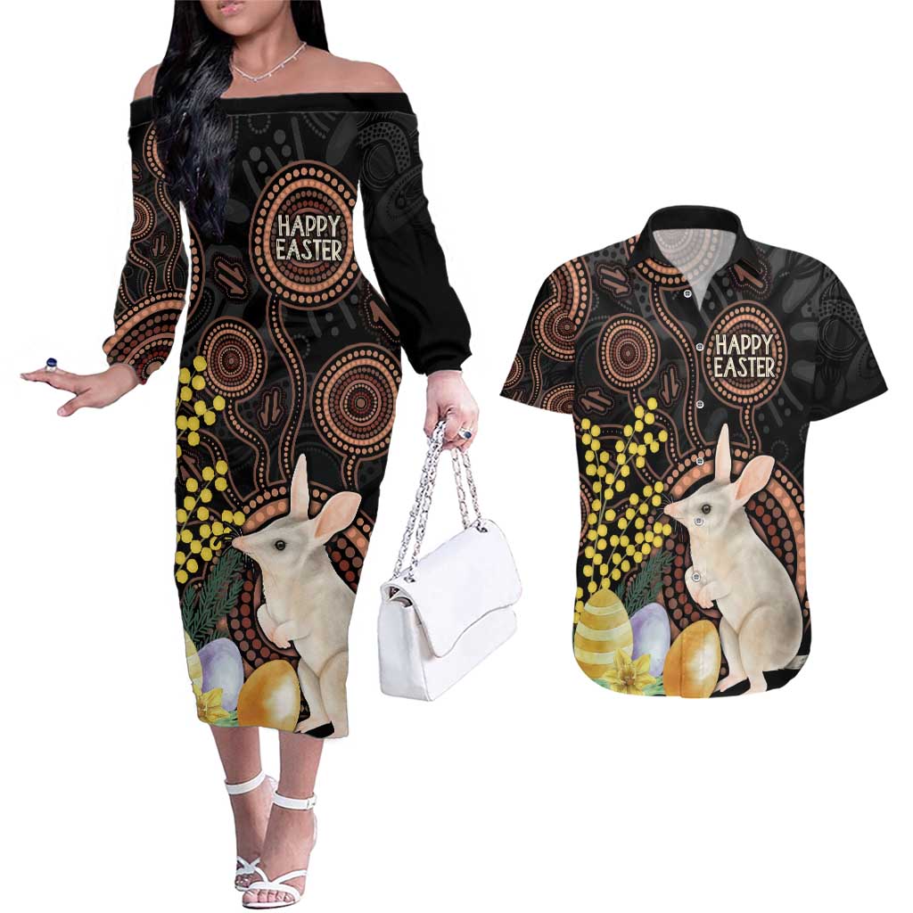 Australia Easter Indigenous Personalized Couples Matching Off The Shoulder Long Sleeve Dress and Hawaiian Shirt Cute Easter Bilby
