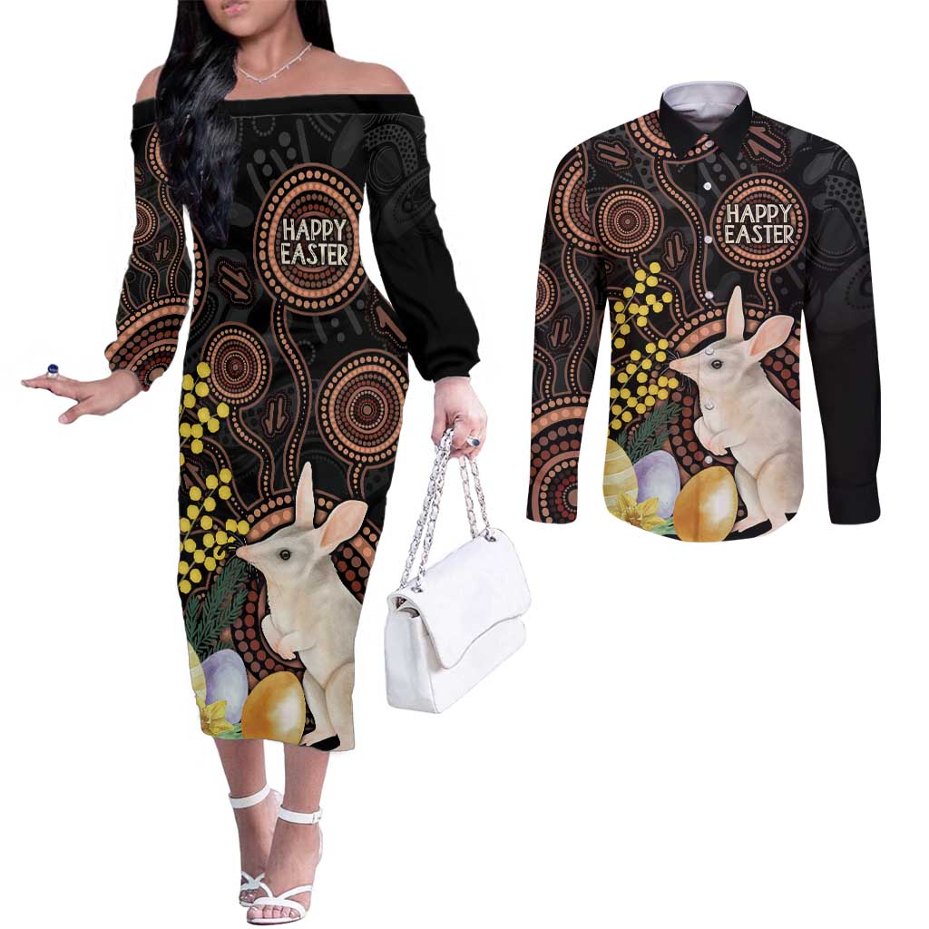 Australia Easter Indigenous Personalized Couples Matching Off The Shoulder Long Sleeve Dress and Long Sleeve Button Shirt Cute Easter Bilby