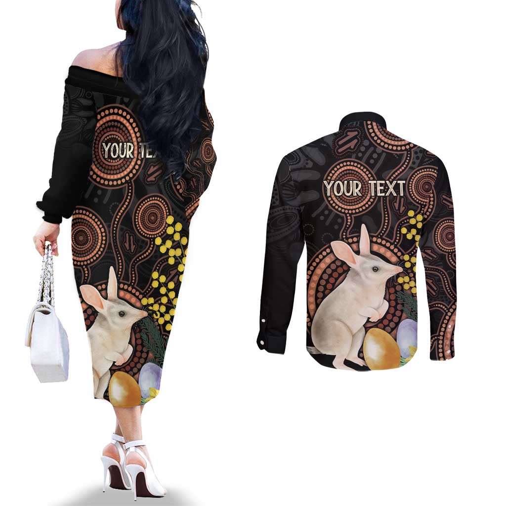 Australia Easter Indigenous Personalized Couples Matching Off The Shoulder Long Sleeve Dress and Long Sleeve Button Shirt Cute Easter Bilby