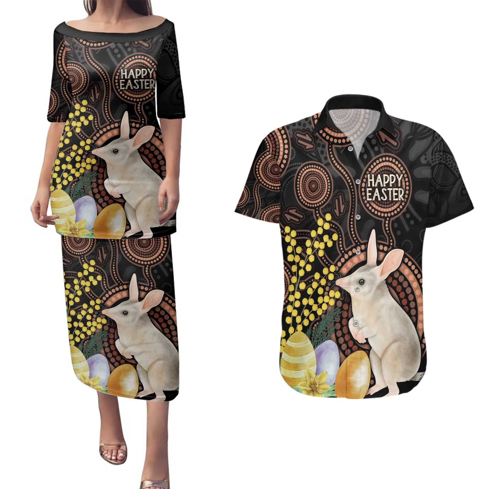 Australia Easter Indigenous Personalized Couples Matching Puletasi and Hawaiian Shirt Cute Easter Bilby