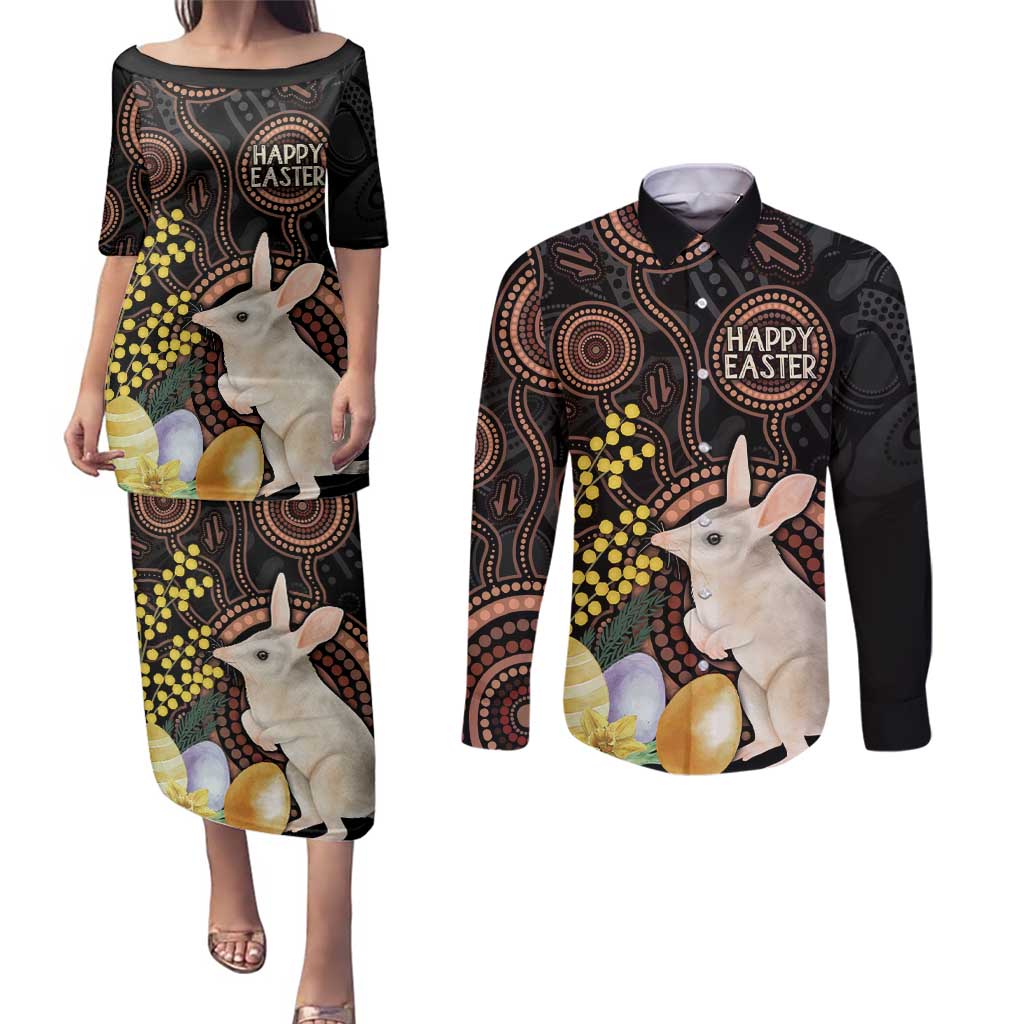 Australia Easter Indigenous Personalized Couples Matching Puletasi and Long Sleeve Button Shirt Cute Easter Bilby