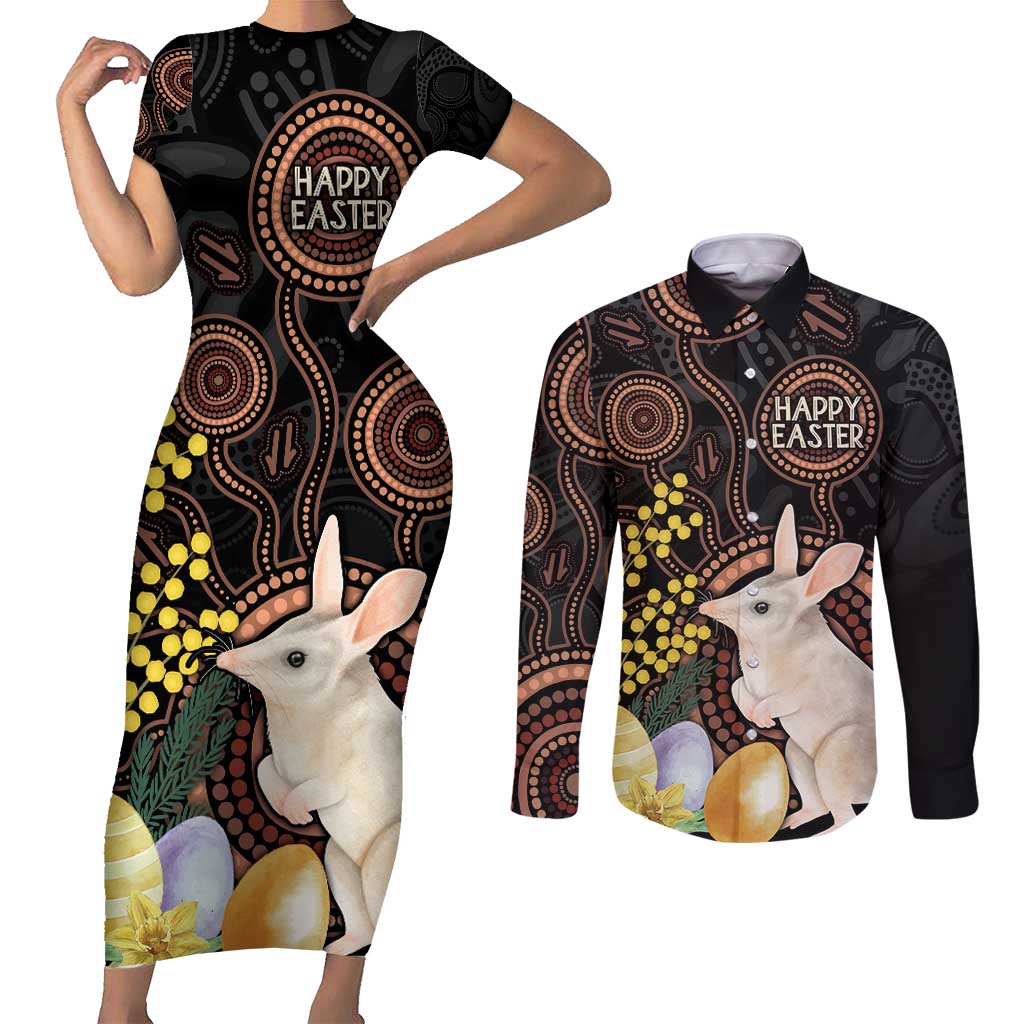 Australia Easter Indigenous Personalized Couples Matching Short Sleeve Bodycon Dress and Long Sleeve Button Shirt Cute Easter Bilby